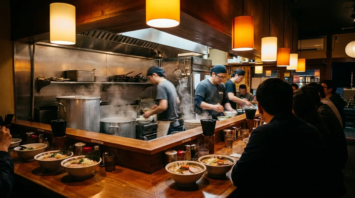 Ramen counter in San Francisco's Japantown with open kitchen and steaming bowls under warm evening light