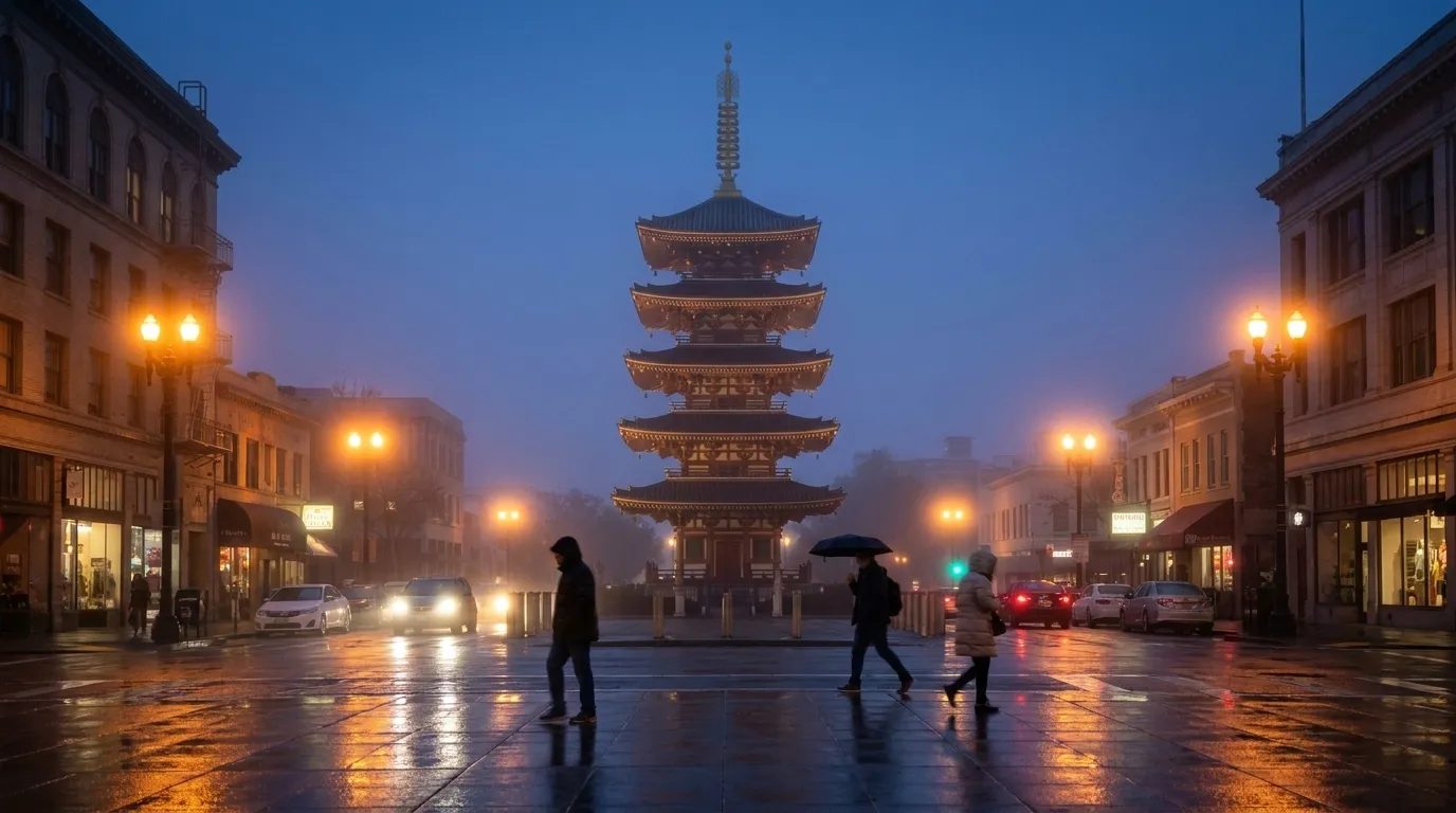 Peace Pagoda in San Francisco's Japantown at dusk with fog and streetlight reflections on wet pavement