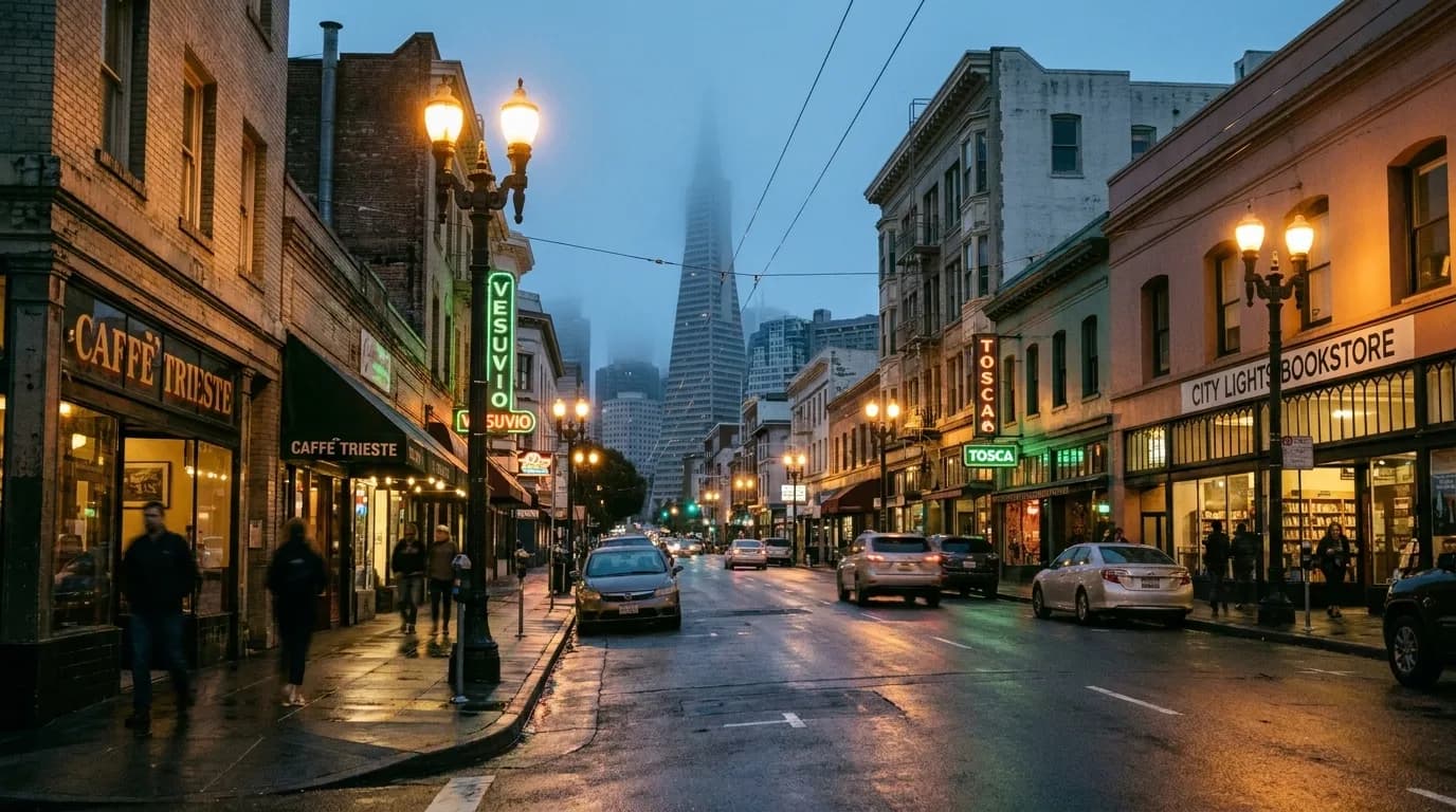 Columbus Avenue in North Beach at dusk with streetlights and cafe glow under settling fog