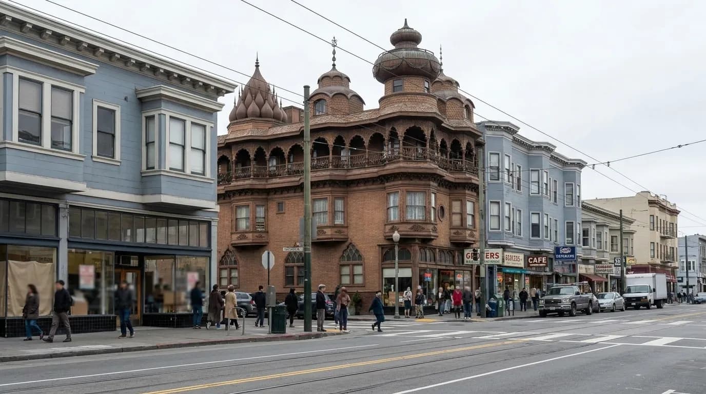 Market Street storefronts near the Mission District in San Francisco on an overcast afternoon