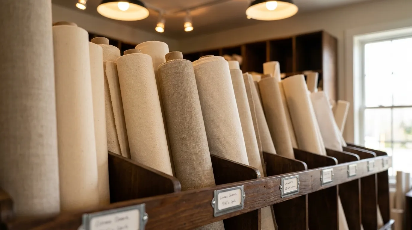 Rolls of canvas and paper stacked in wooden bins inside a San Francisco art supply store