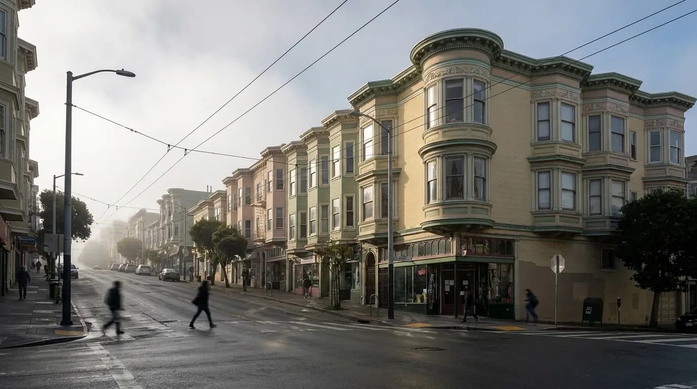 Victorian storefronts along Haight Street in San Francisco with fog rolling in during late afternoon