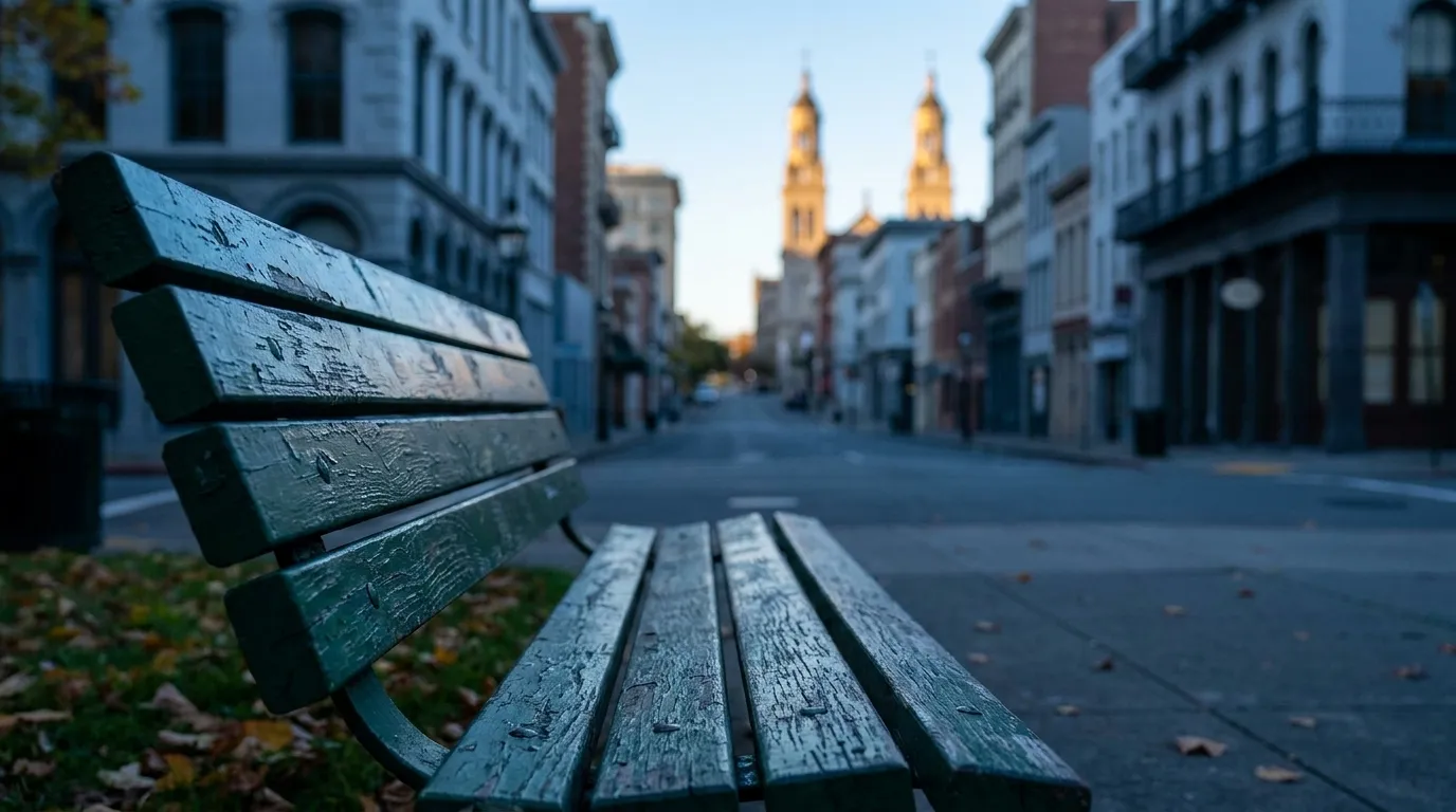 Empty bench in Washington Square Park with church towers in the background at dusk
