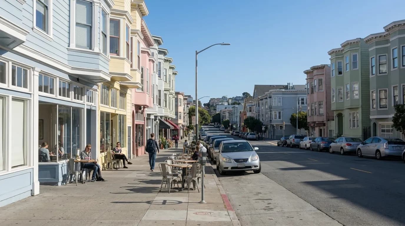 Quiet morning sidewalk on Twenty-Fourth Street in Noe Valley with café tables and storefronts