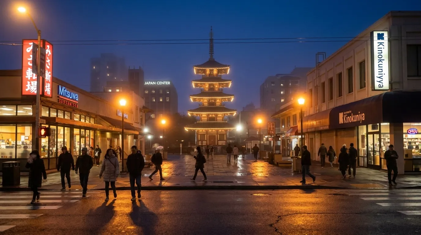 Peace Plaza in San Francisco's Japantown at night with lit storefronts and pagoda in background