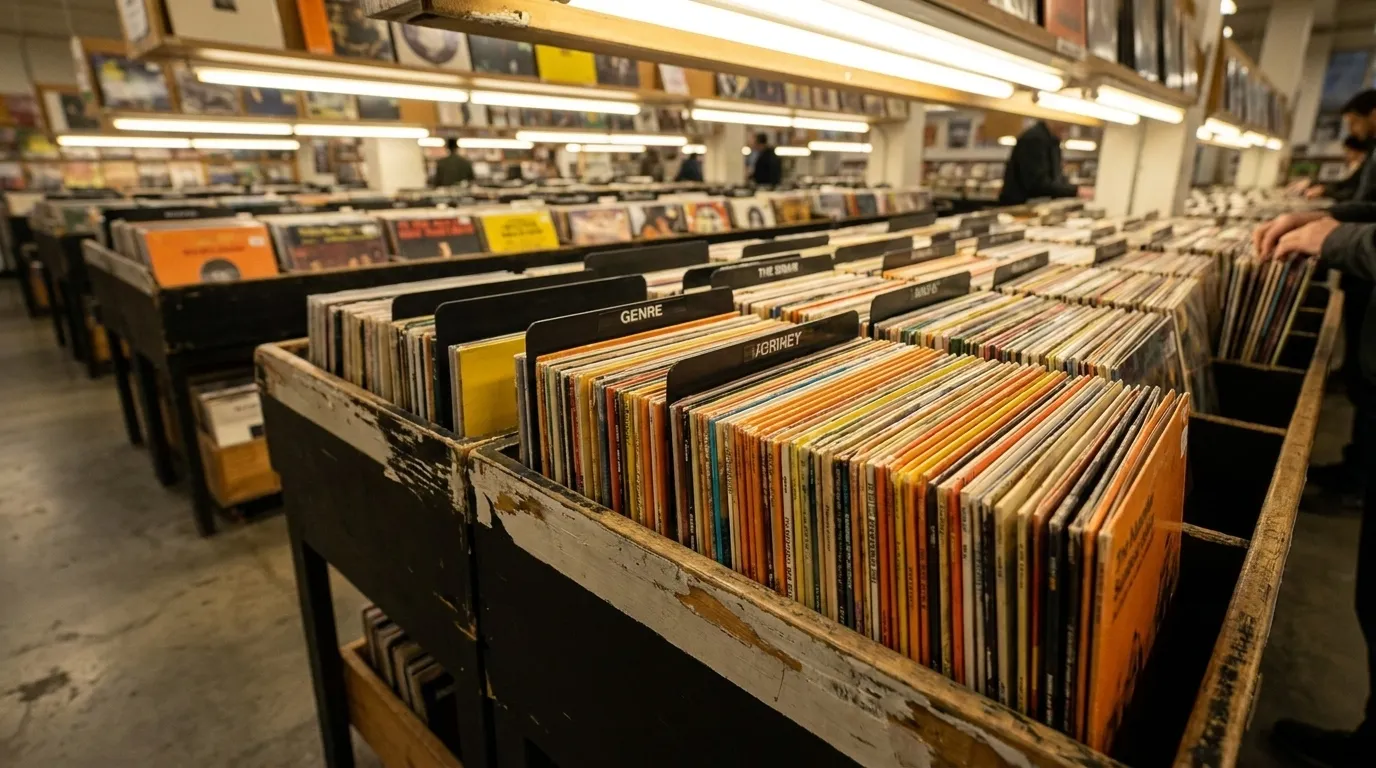 Rows of vinyl records in bins at Amoeba Music in San Francisco, lit by fluorescent light
