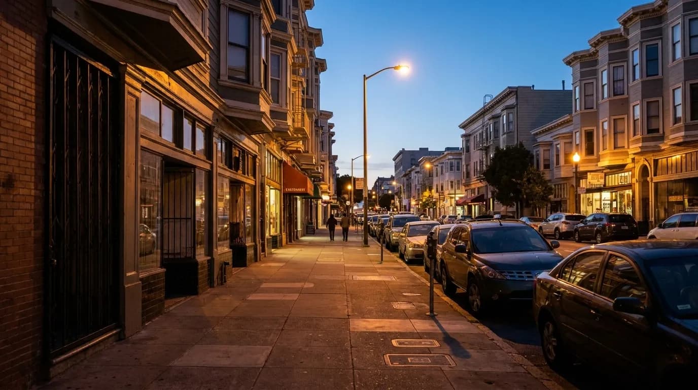 Fillmore Street in San Francisco's Western Addition at dusk, with Victorian buildings and streetlights beginning to glow