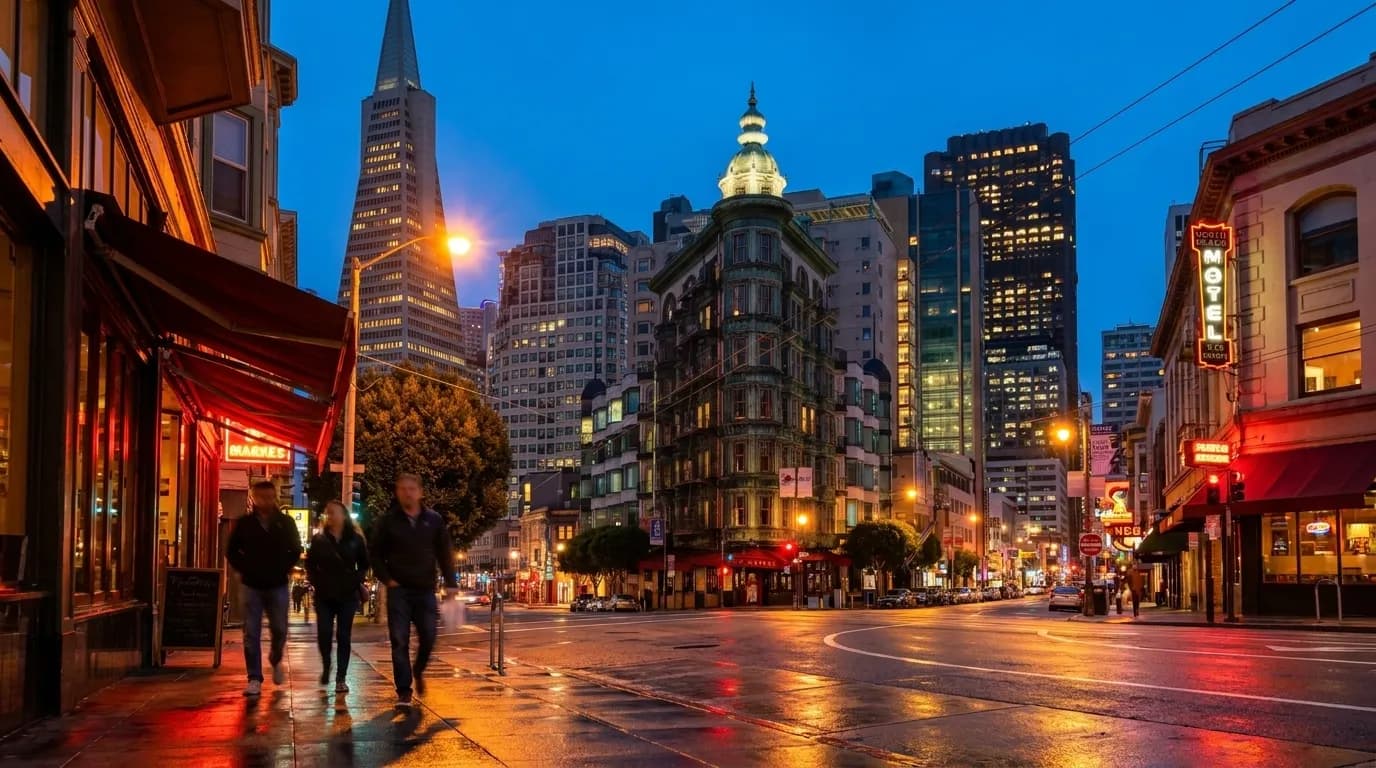 Columbus Avenue in North Beach at dusk, with streetlights and neon signs glowing along the sidewalk