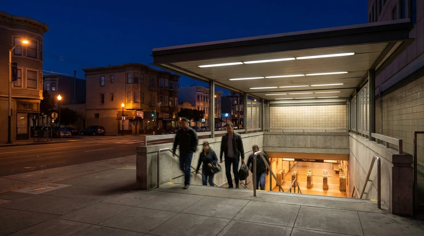 24th Street BART station entrance at dusk with commuters descending stairs under lit canopy