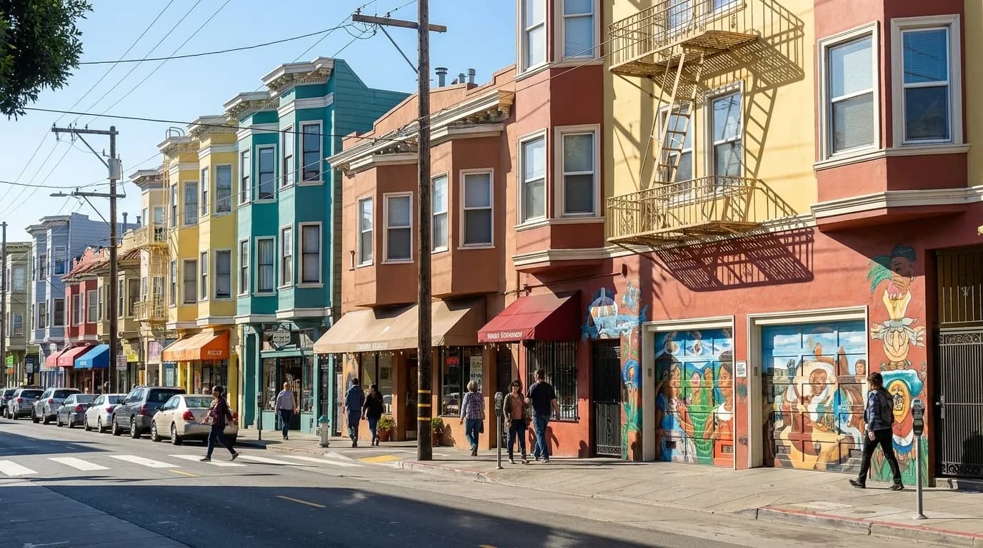 24th Street Mission corridor with murals, storefronts and pedestrians in afternoon light