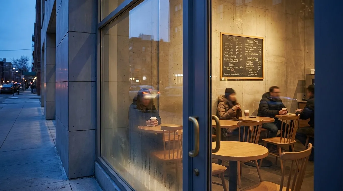 Cafe window in Noe Valley at twilight with warm interior light and patrons visible inside
