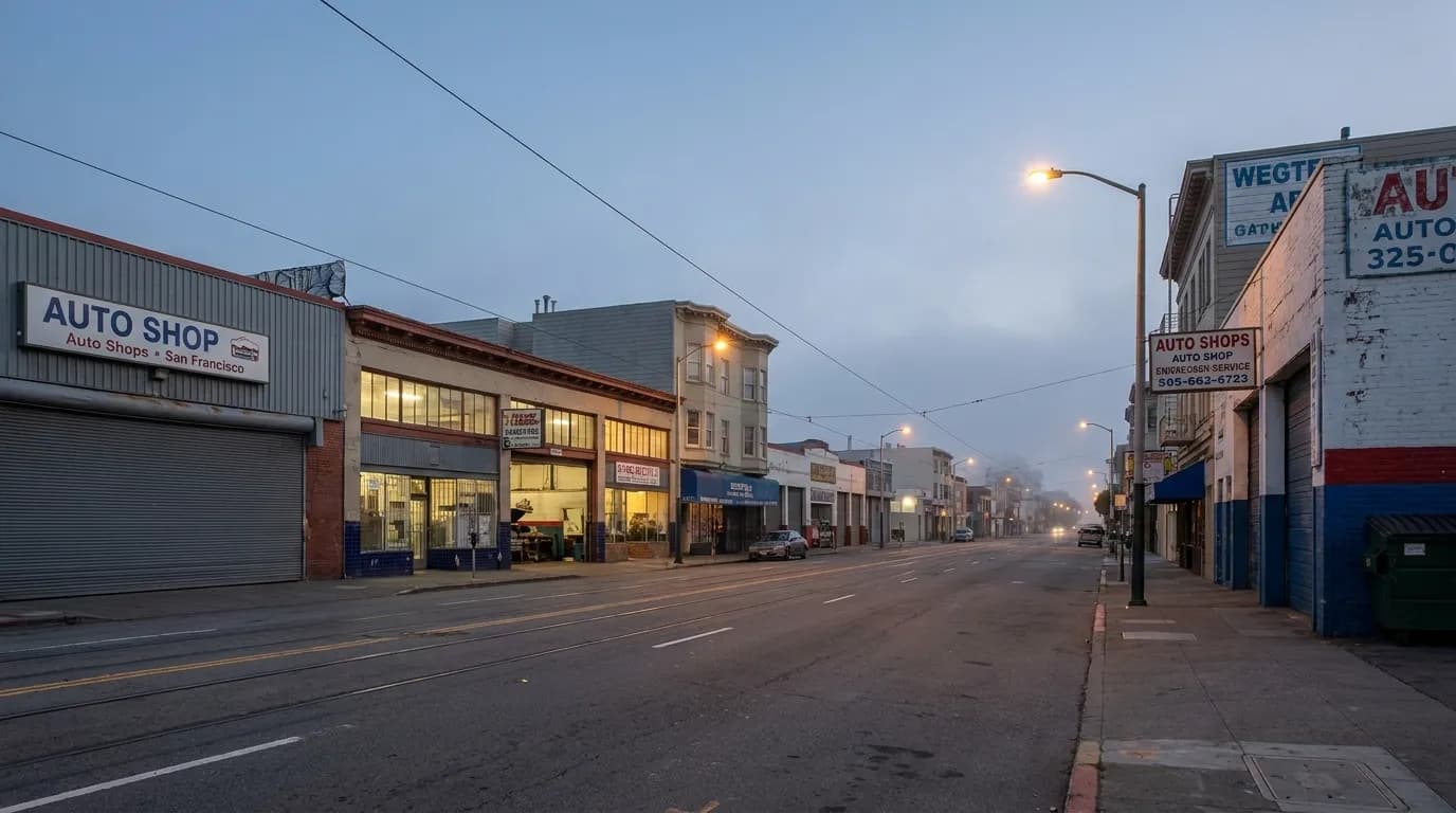 Third Street in Bayview at dusk with light rail tracks and commercial buildings