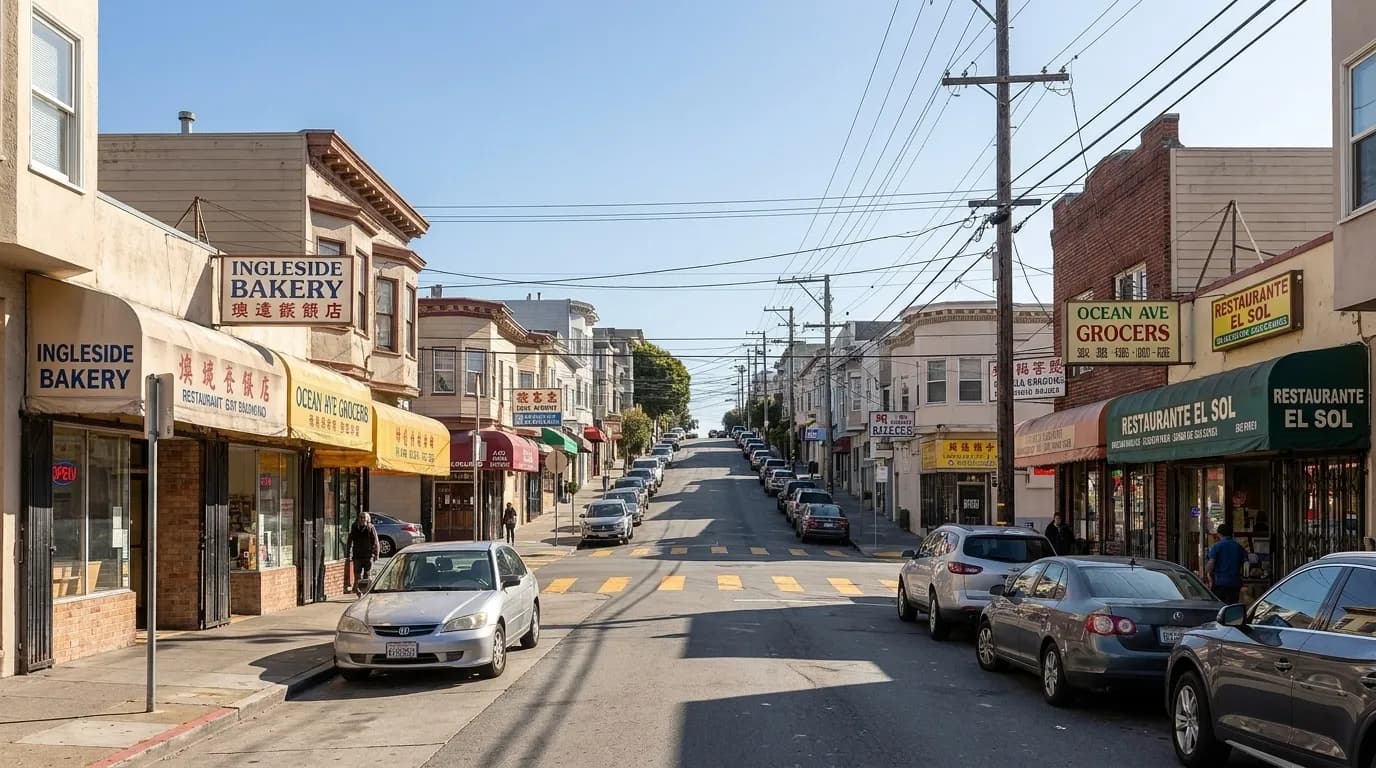 Ocean Avenue in Ingleside with storefronts and Muni wires on a sunny afternoon