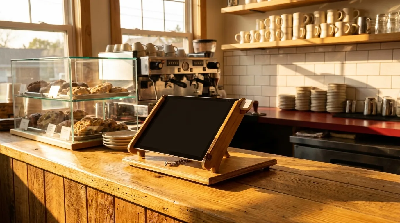 Interior view of a Noe Valley café counter with warm afternoon light and white tile backsplash