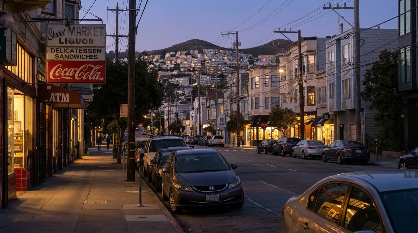 Twenty-Fourth Street in Noe Valley at dusk with glowing storefronts and residential hills in the background