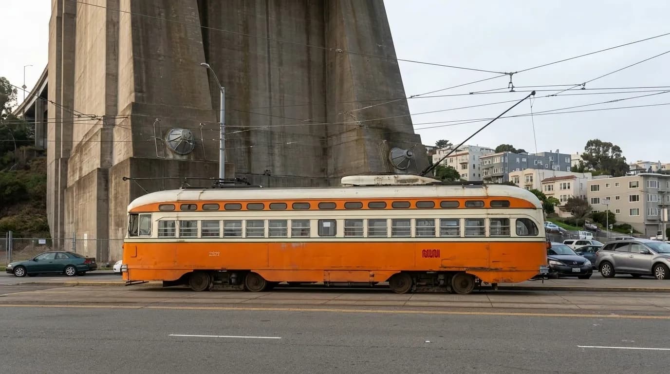 J Church Muni streetcar at Twenty-Fourth Street station platform in morning light