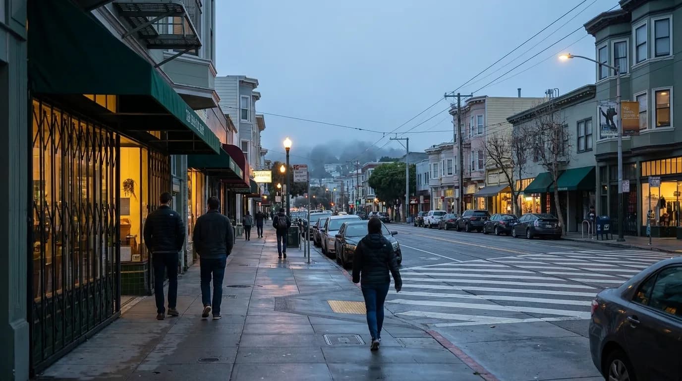 24th Street in Noe Valley at dusk with fog rolling in and lit storefronts along the sidewalk