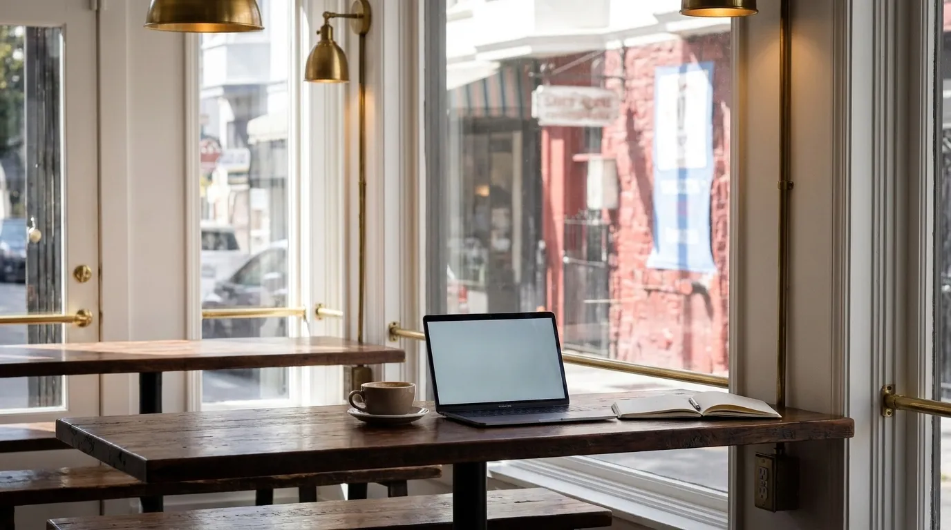 Interior view of a North Beach café table near a large window, with laptop and coffee cup in warm afternoon light