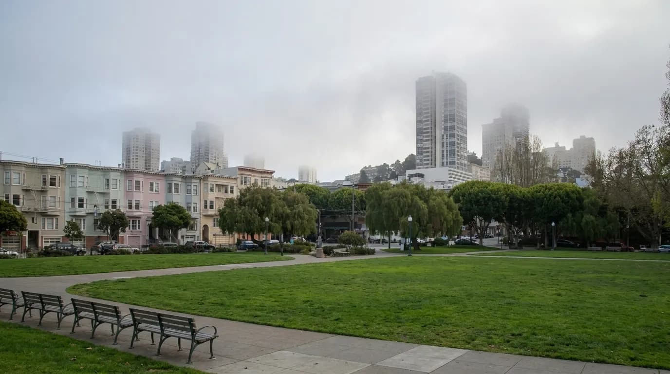 Wide view of Washington Square Park in North Beach with benches, lawn and surrounding buildings under diffused afternoon light