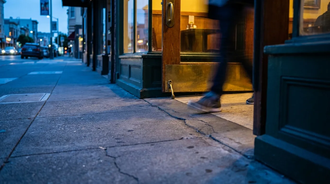 Close view of a North Beach café entrance at dusk, showing sidewalk texture and warm interior light through the window