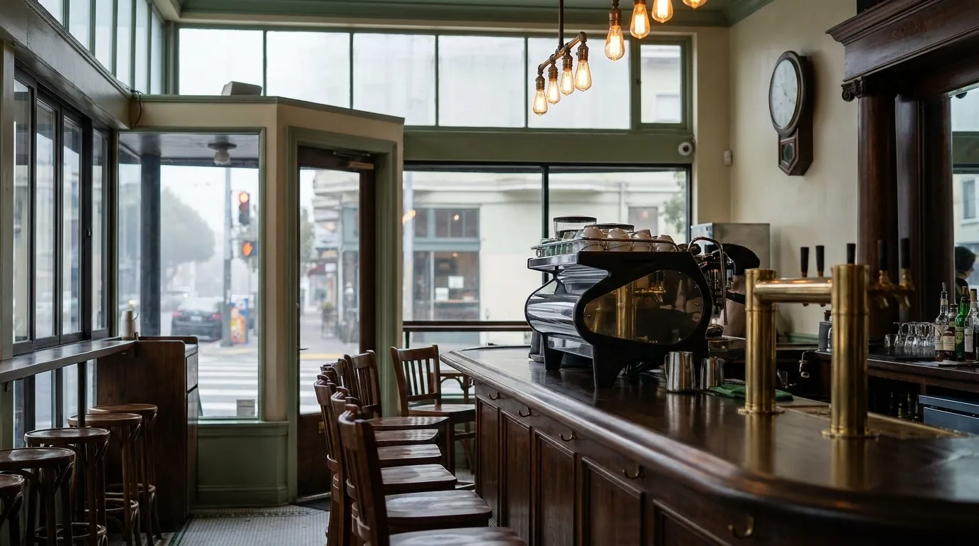 Interior of a North Beach cafe with espresso bar and morning light through front windows