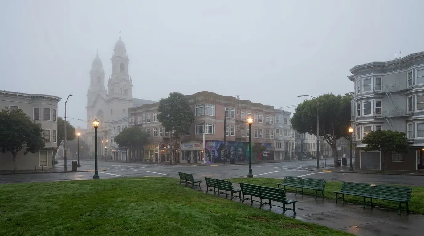 Washington Square Park in North Beach under morning fog with church in the background