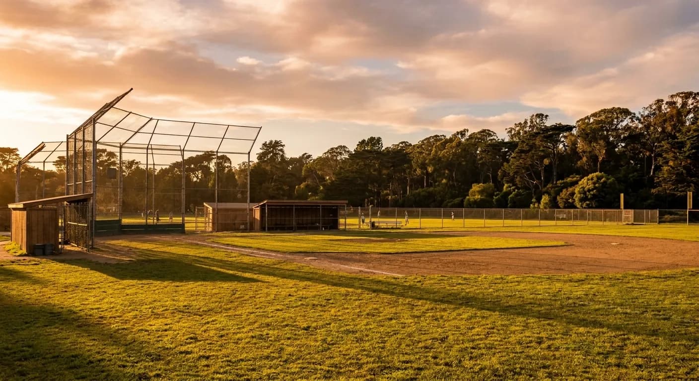 Big Rec Ball Field's diamond and backstop in Golden Gate Park with tree line beyond outfield fence