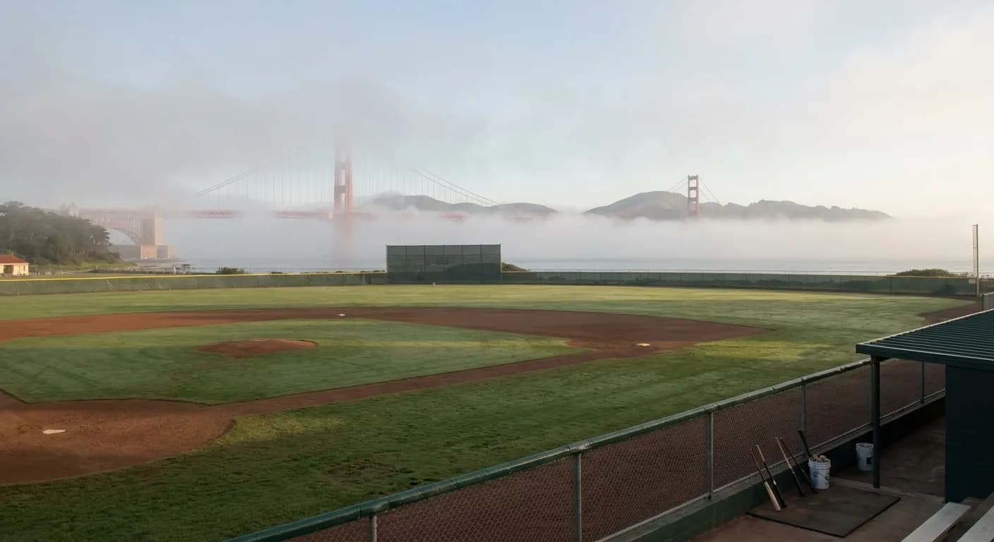 Presidio Wall baseball field with San Francisco Bay and Golden Gate Bridge visible beyond the outfield