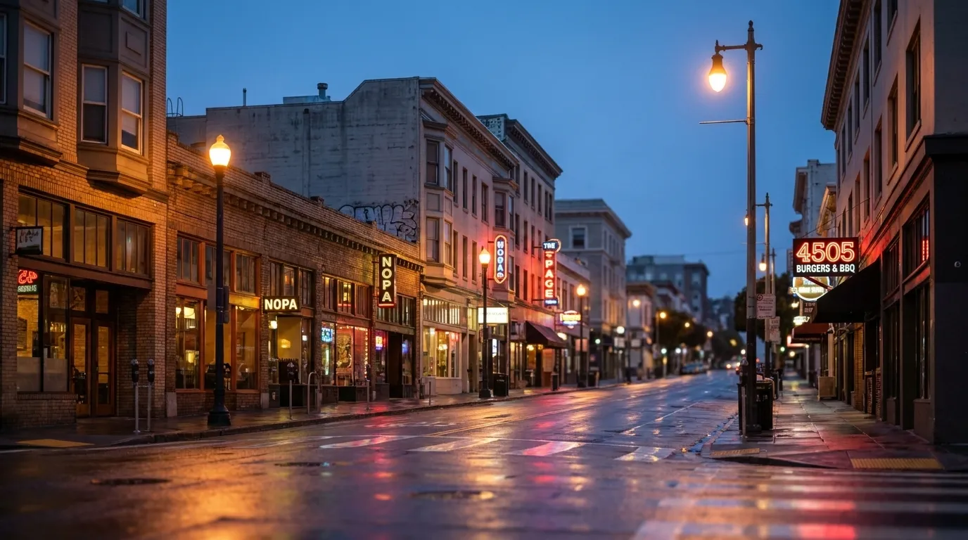 Divisadero Street in San Francisco at dusk, with lit storefronts and neon signs reflecting on wet pavement