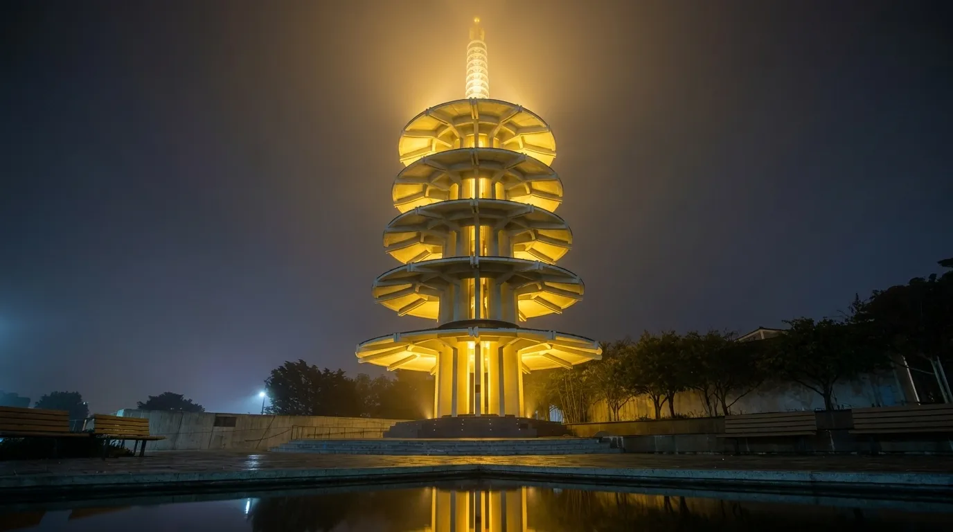 Peace Pagoda in San Francisco's Japan Center courtyard at night, lit from below with fog softening the upper tiers