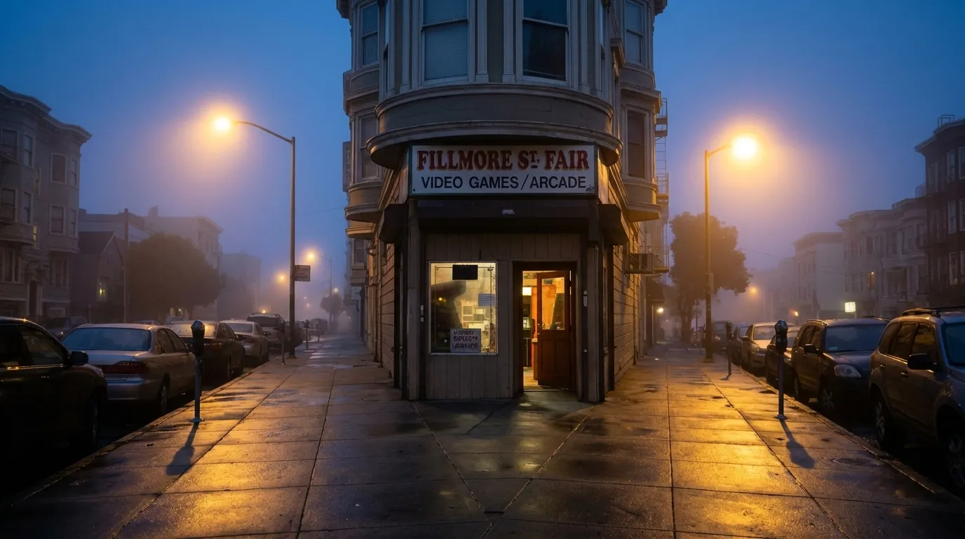 Wood-frame storefront on Fillmore Street in San Francisco's Japantown at dusk, with yellow streetlight and fog