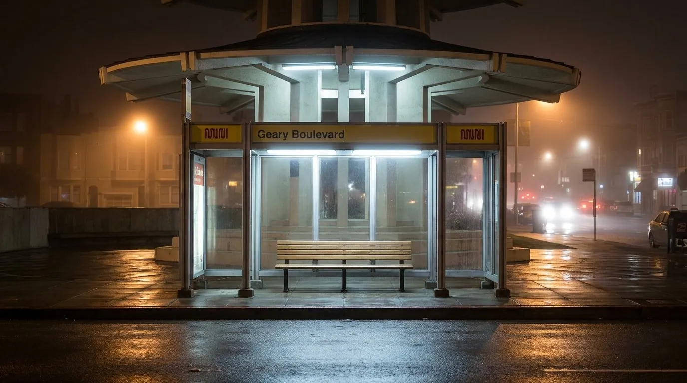 Muni bus shelter on Geary Boulevard in San Francisco at night, lit from within and reflecting on wet pavement