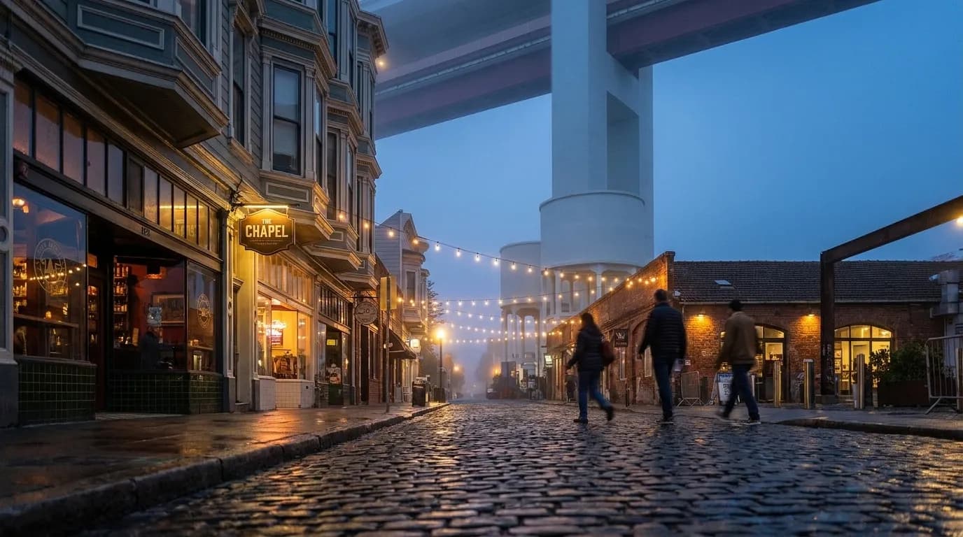 Valencia Street in San Francisco's Mission District at dusk, with bar lights glowing and fog settling over the storefronts