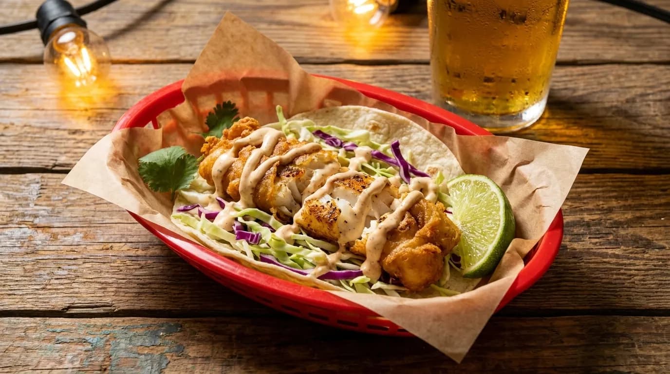 Close-up of a Baja fish taco with cabbage, lime, and crema on a paper-lined basket