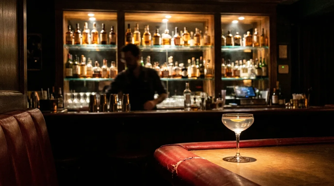 Dim interior of a San Francisco cocktail bar with backlit bottles and a coupe glass on a booth table