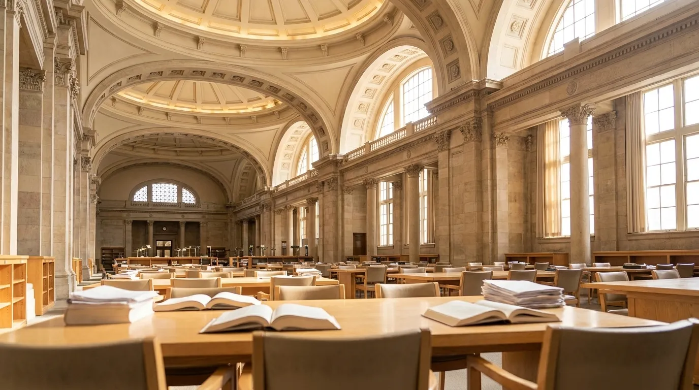 Study table near windows at San Francisco Main Library fifth floor with morning light and open books