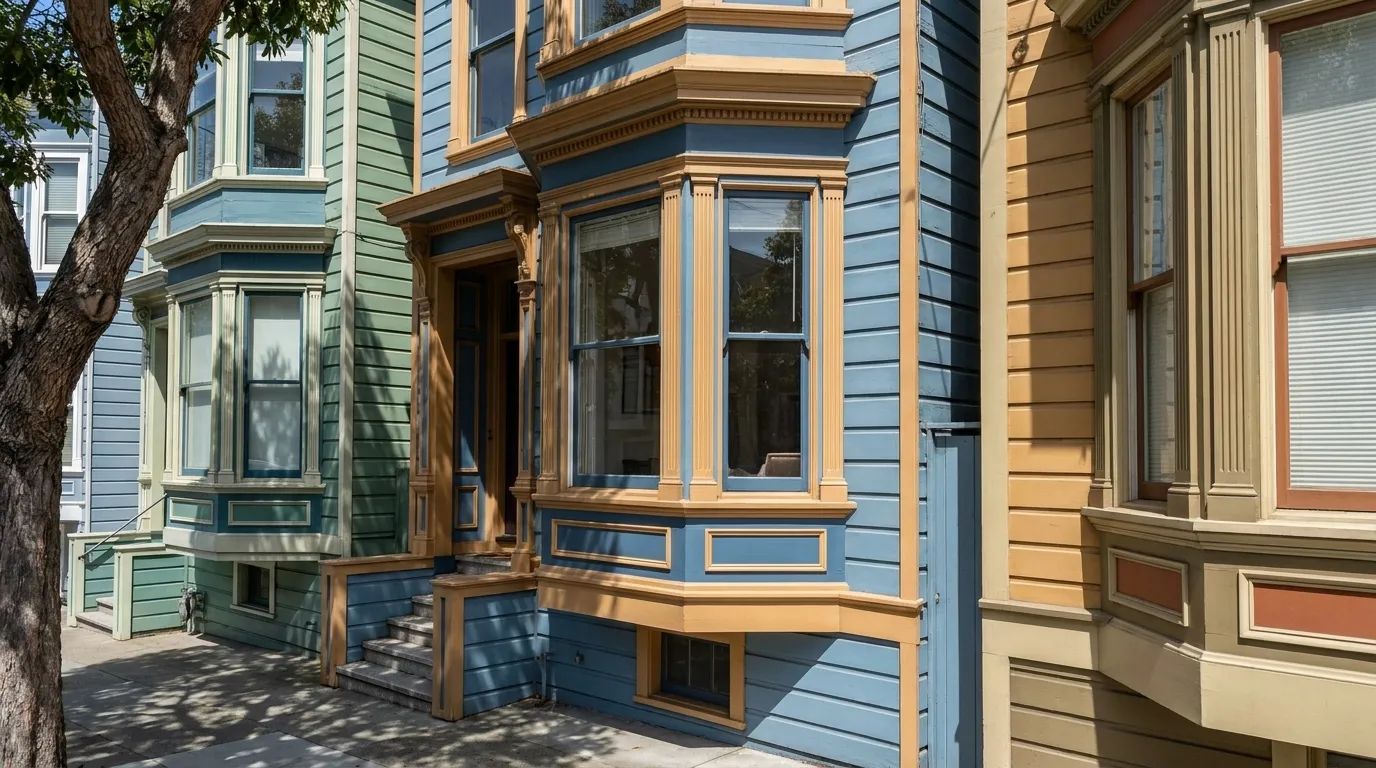 Painted Victorian row houses on a residential street in Noe Valley showing detailed woodwork and bay windows
