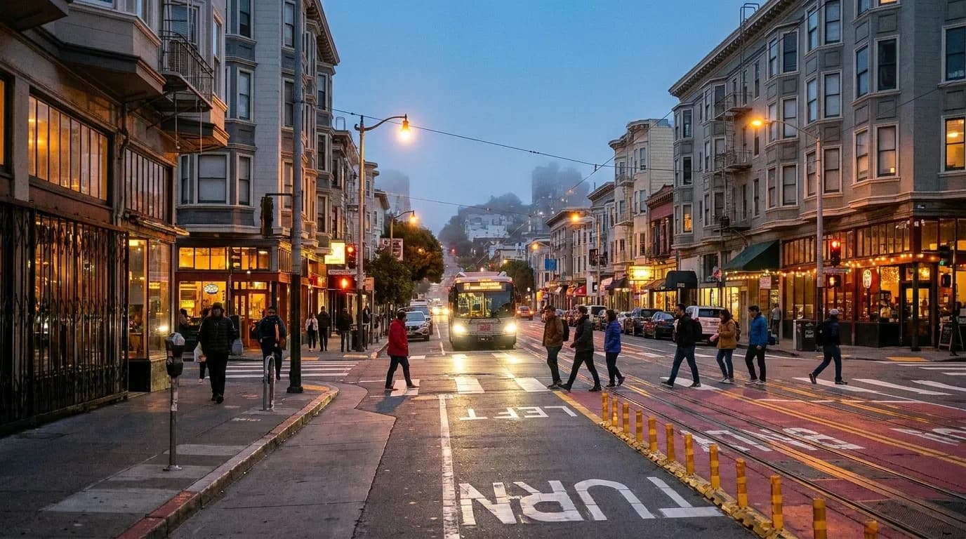 Valencia Street in San Francisco's Mission District at dusk with Muni bus and lit storefronts