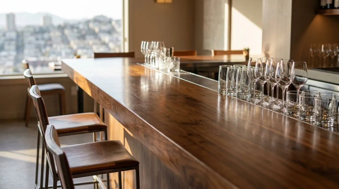 Empty bar counter and stools at a San Francisco restaurant with natural window light