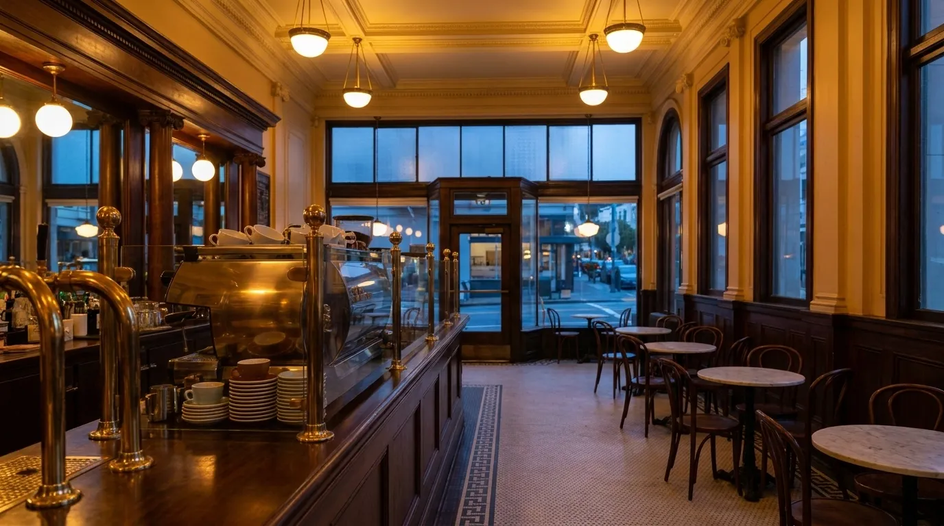 Warm interior of a North Beach café with wooden counter, espresso machine, and small tables near a front window at dusk