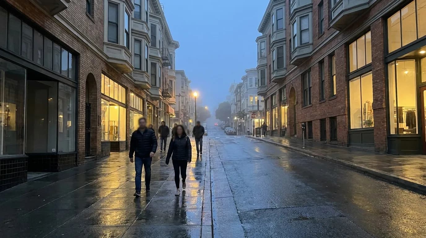 Columbus Avenue in North Beach at dusk with wet pavement reflecting café lights and pedestrians walking uphill