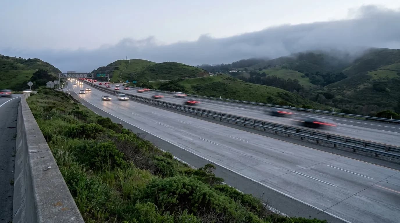 Interstate 280 through Daly City with fog rolling over hills and evening traffic