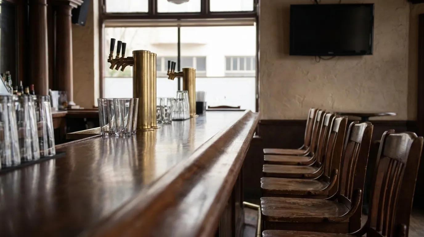 Empty bar counter with stools and television screen in a San Francisco sports bar before opening