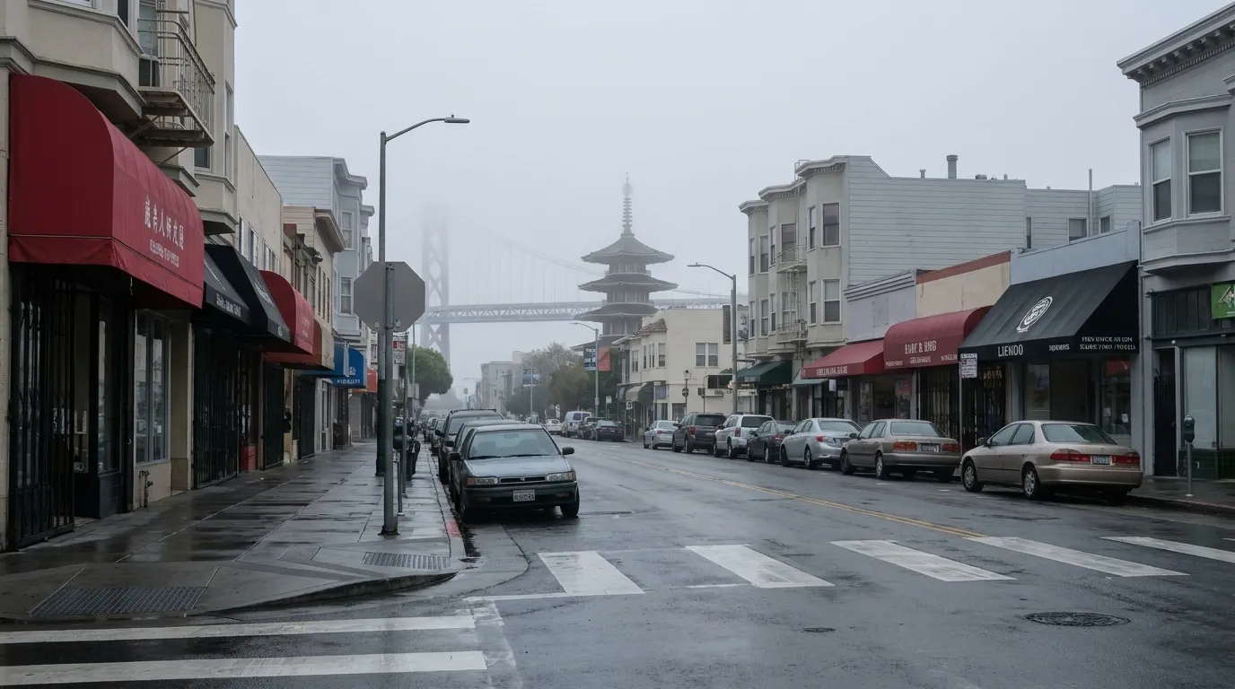 Fillmore Street in San Francisco's Japantown on a foggy morning with wet pavement and storefronts