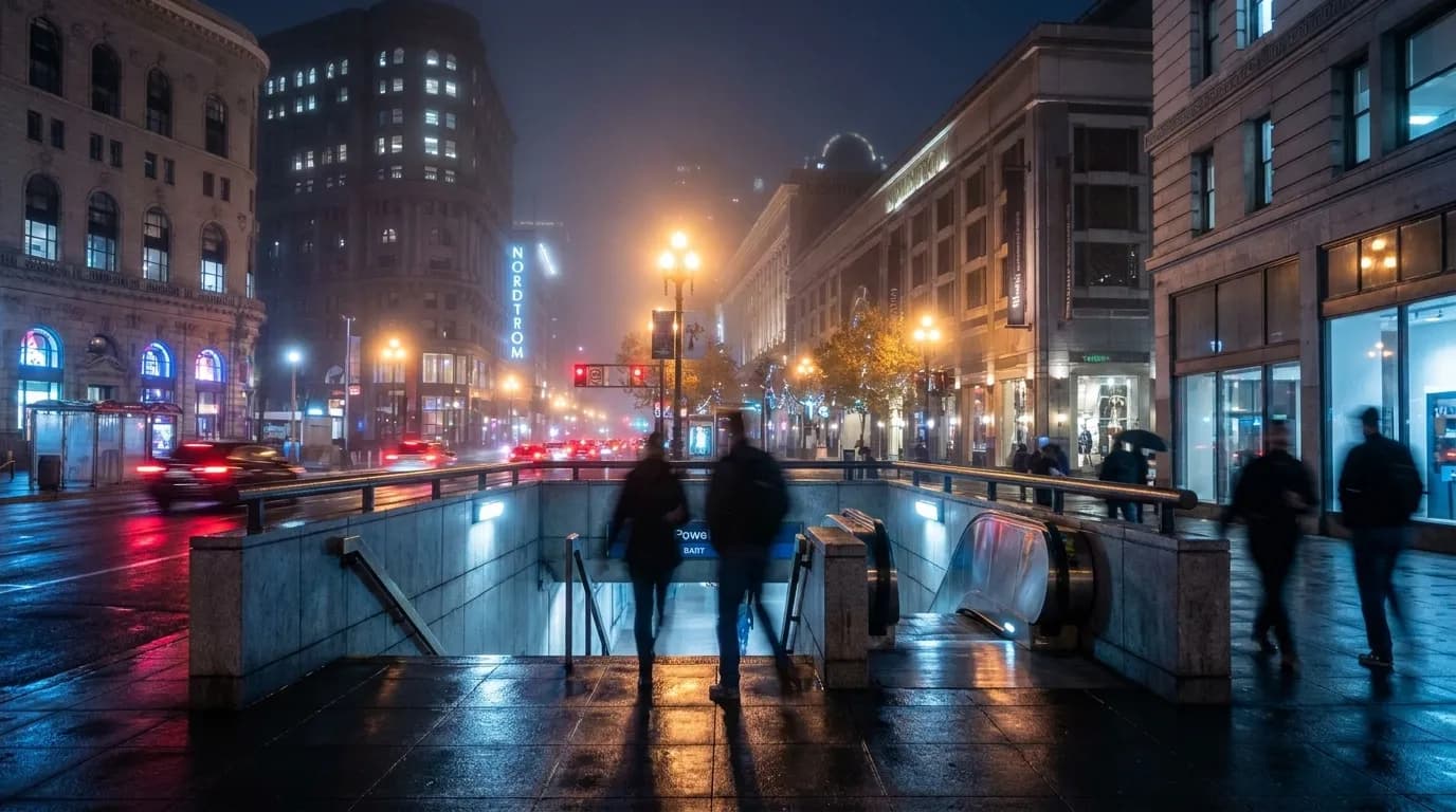 Powell Street BART station entrance at night with Market Street visible in San Francisco