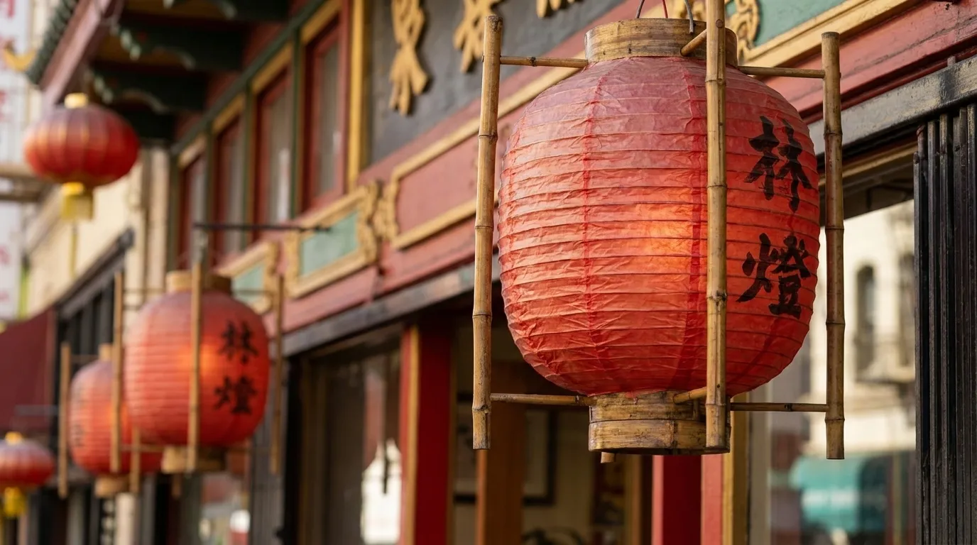 Red paper lanterns hanging on Grant Avenue in San Francisco Chinatown
