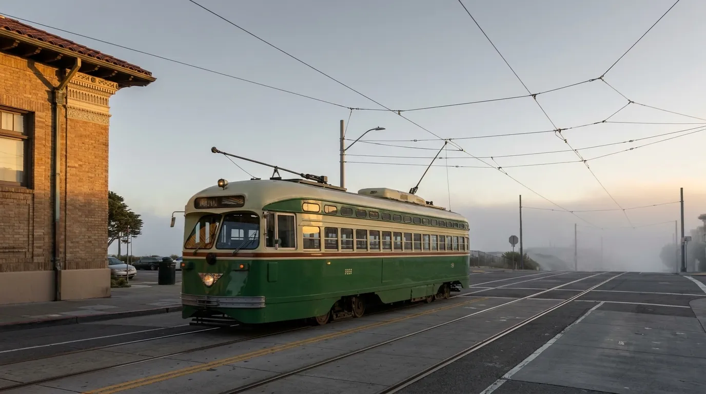 Muni N-Judah streetcar on surface tracks in San Francisco Sunset District