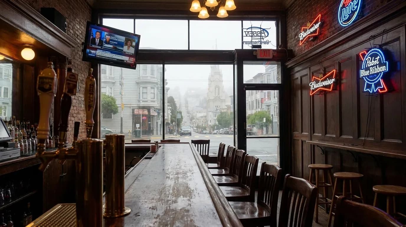 Interior view of a North Beach bar counter with neon signs and a TV screen, morning light coming through Columbus Avenue windows