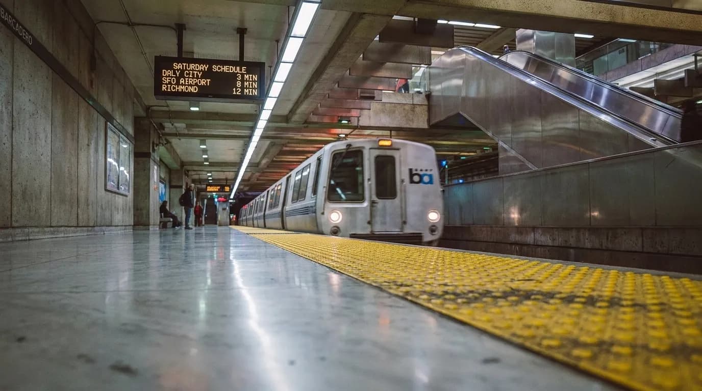 BART platform at Embarcadero station showing yellow safety strip and train departing on weekend morning