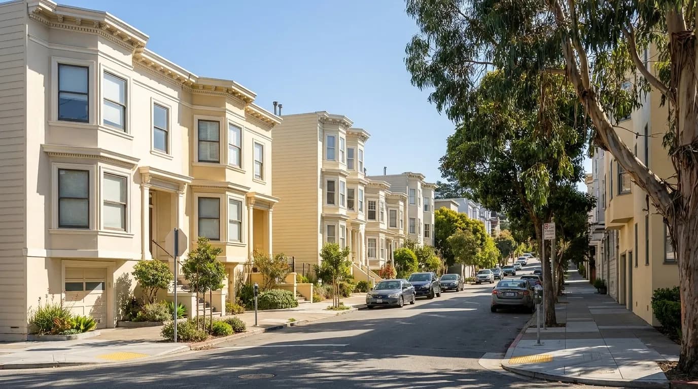 Residential street in San Francisco's Noe Valley with Edwardian homes and bay windows on a sunny afternoon